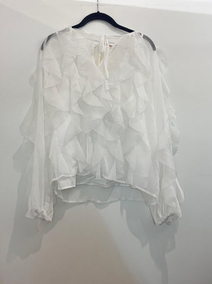 Blouse en voile à volants cascade manches longues bouffantes