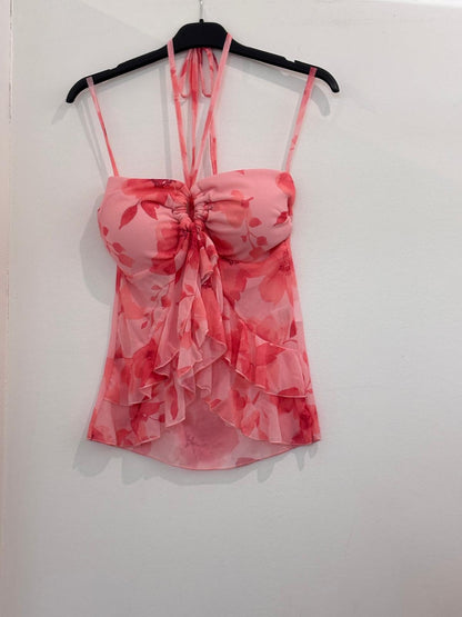 Top Bustier Fleuri à Volants et Lien Halter Anneau