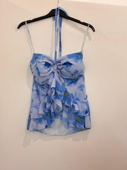 Top Bustier Fleuri à Volants et Lien Halter Anneau