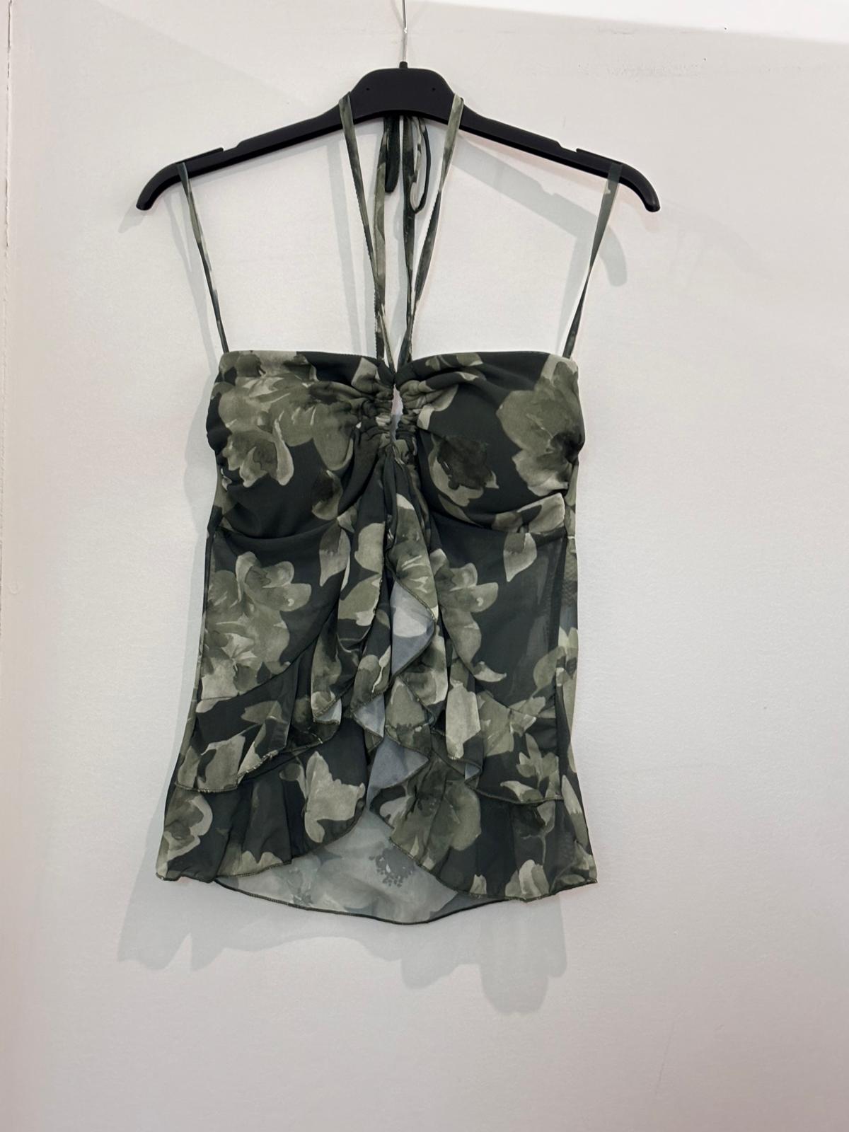 Top Bustier Fleuri à Volants et Lien Halter Anneau