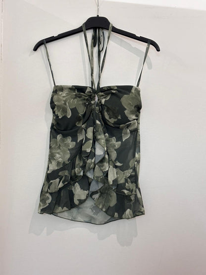 Top Bustier Fleuri à Volants et Lien Halter Anneau