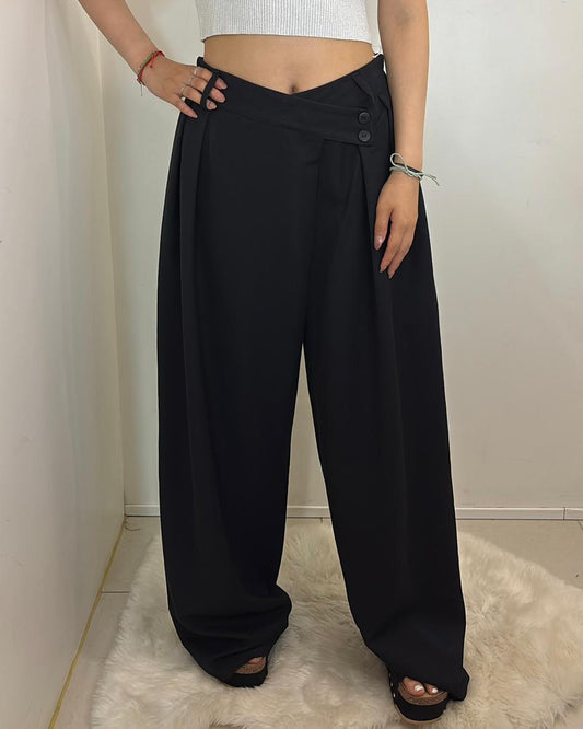 Pantalon large taille haute à plis