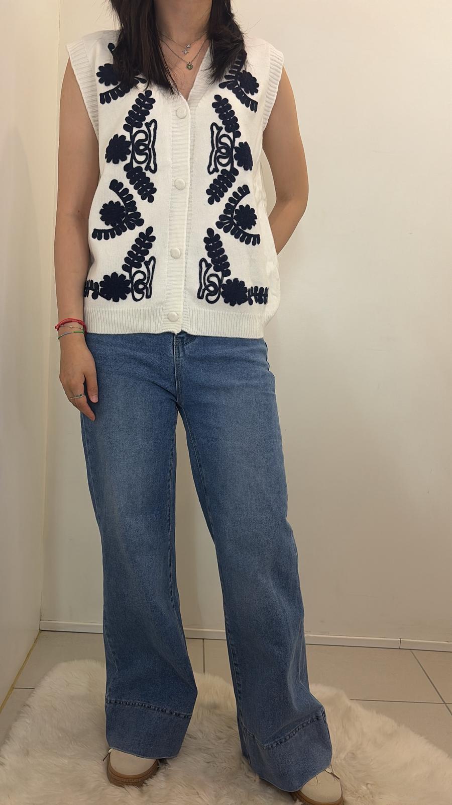 Gilet sans manches blanc à motifs brodés