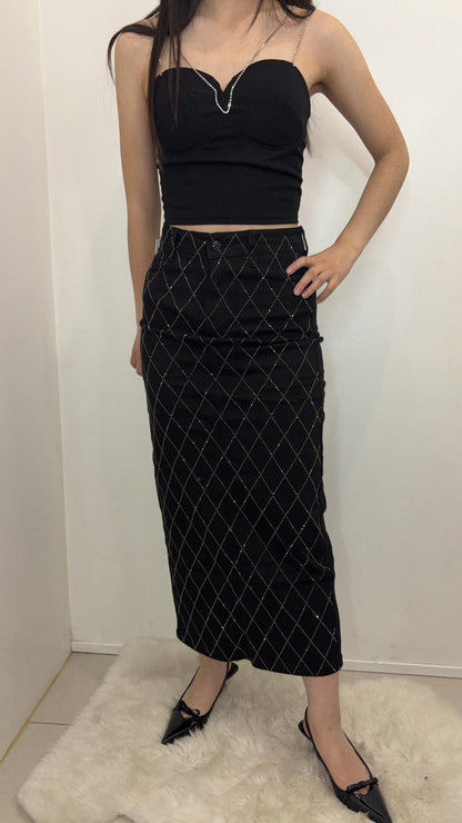 Jupe midi noire à carreaux dorés effet scintillant