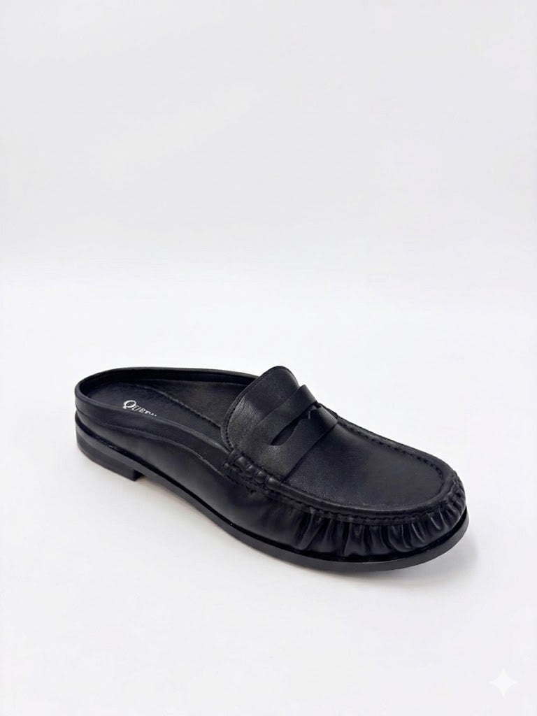 Mule mocassin noire souple avec empiècement penny et bords froncés originaux