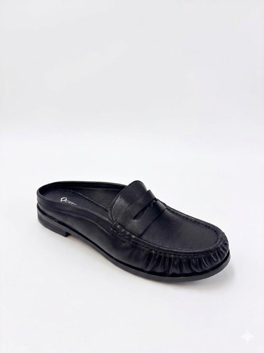Mule mocassin noire souple avec empiècement penny et bords froncés originaux