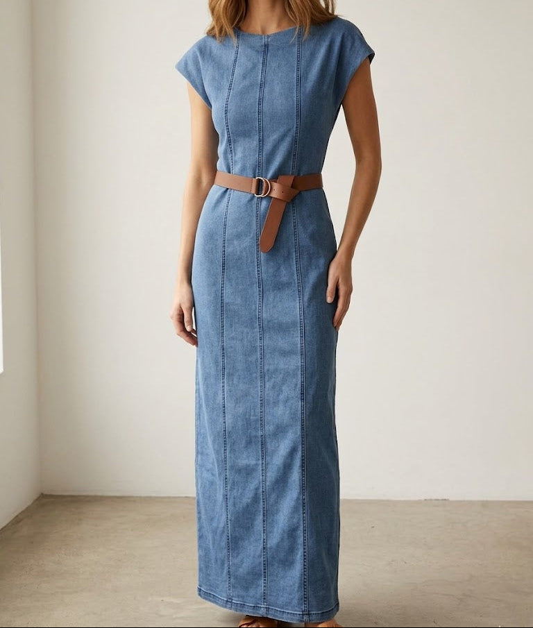 Robe longue denim bleu col bateau manches courtes & ceinture