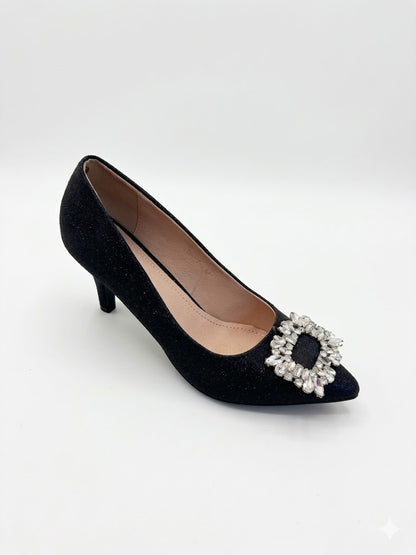 Escarpin glitter à bout pointu orné d'une broche strass sur le dessus
