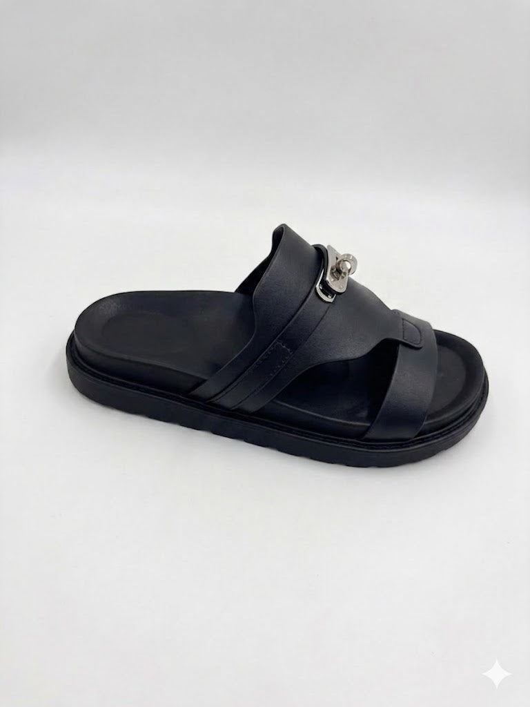 Mule Cuir à Bride Croisée et Maillon Chaîne Argenté