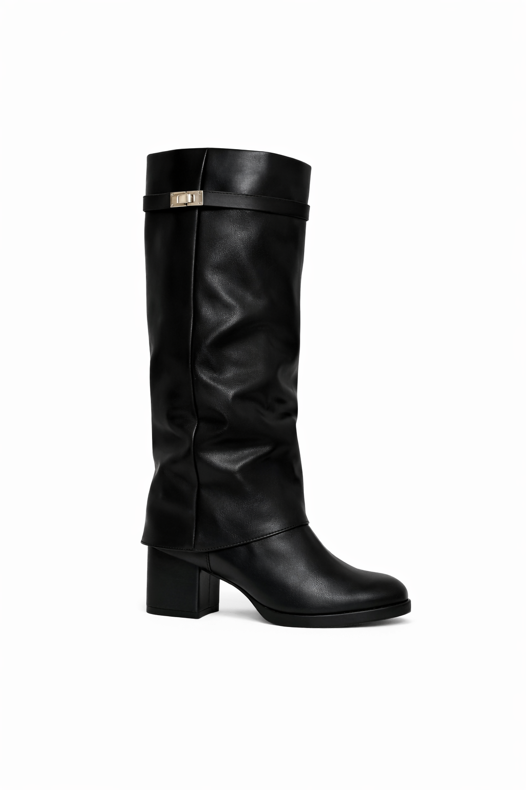 Botte noire mi-haute à talon carré et bride décorative