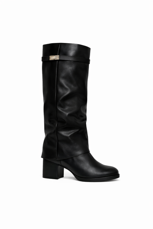 Botte noire mi-haute à talon carré et bride décorative