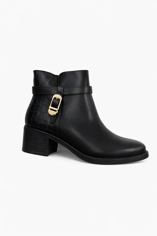 Bottines noir à talon carré avec détail croco et boucle dorée