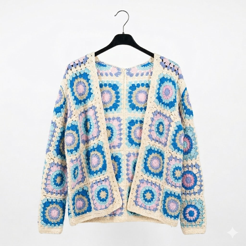 Gilet multicolore cardigan ouvert en crochet avec motifs