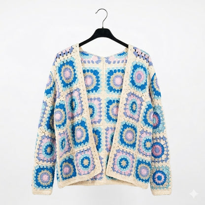 Gilet multicolore cardigan ouvert en crochet avec motifs