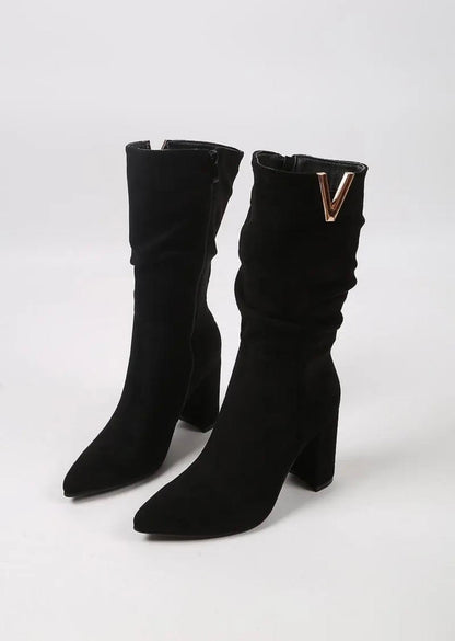 Bottes hautes en suédine à talons blocs et détails dorés