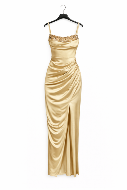 Robe longue drapée bretelles fines & fente