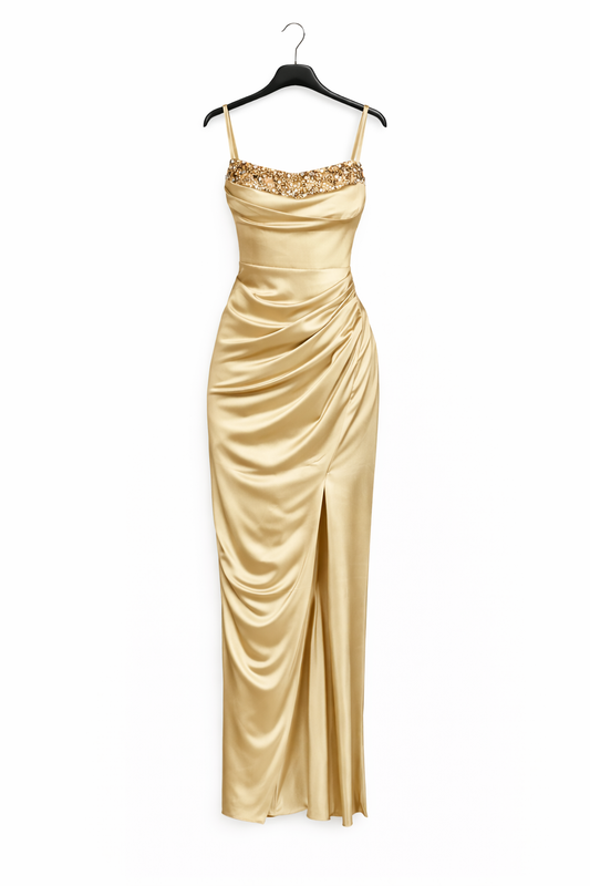 Robe longue drapée bretelles fines & fente