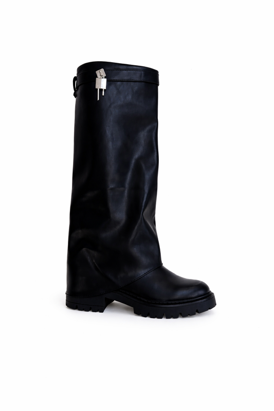 Bottes hautes noires à bride et cadenas argenté