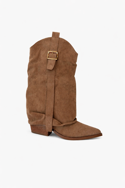 Bottes en suédine à bride et boucle dorée