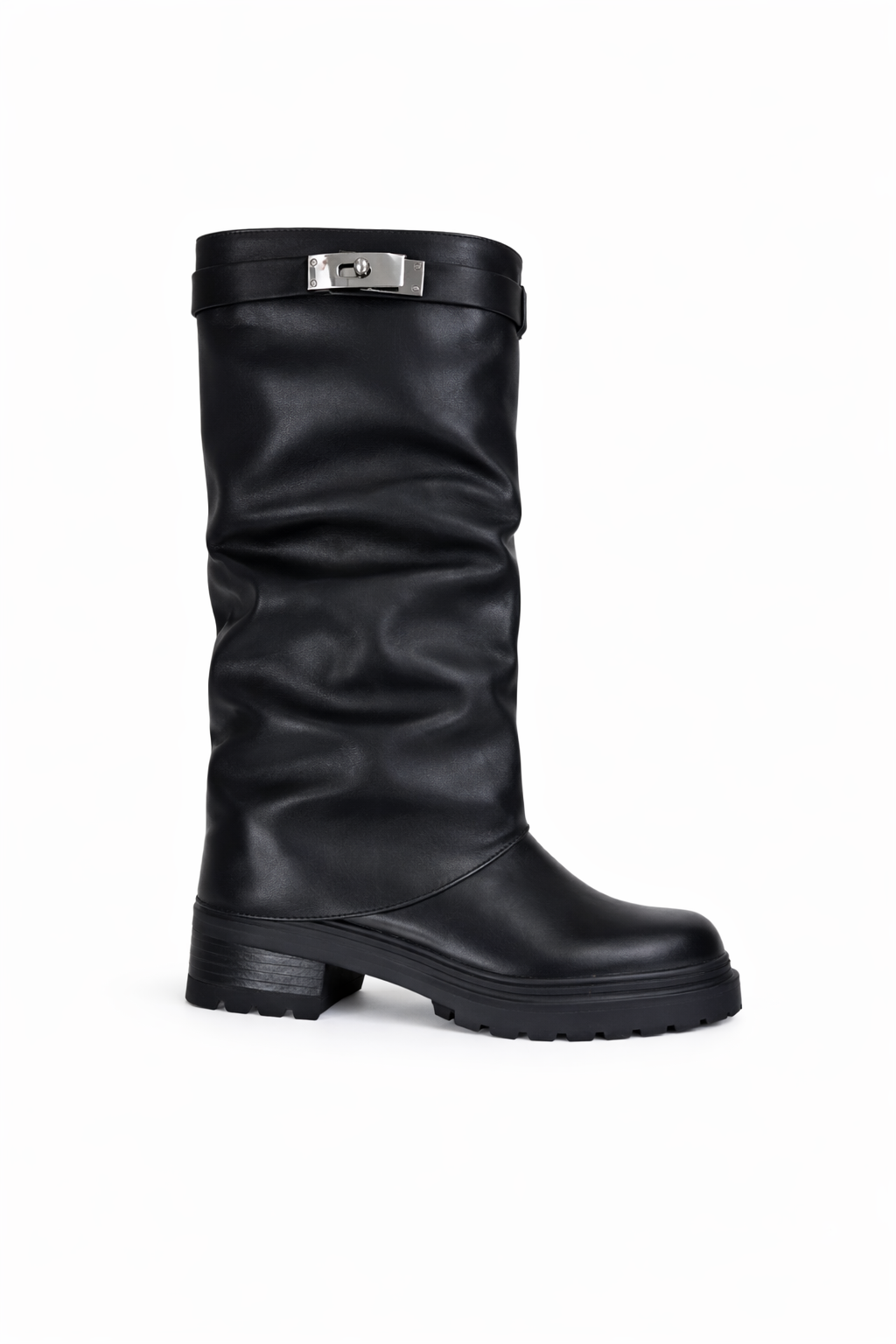 Bottes mi-mollet noires à semelle crantée et fermoir métallique