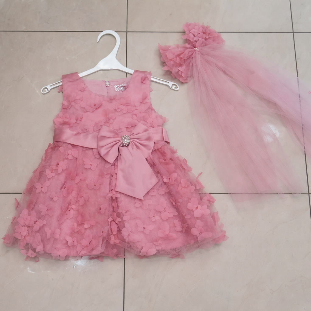 Robe avec fleurs en relief nœud satiné et voile assorti