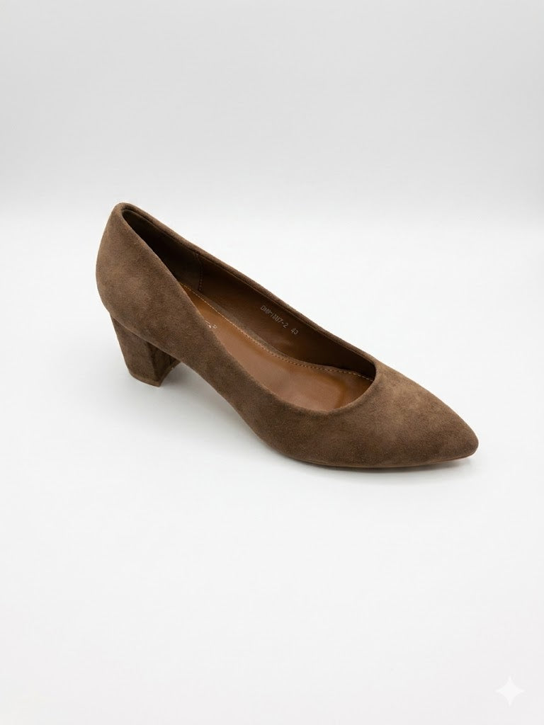 Escarpin Daim Talon Carré Bas – Bout Pointu