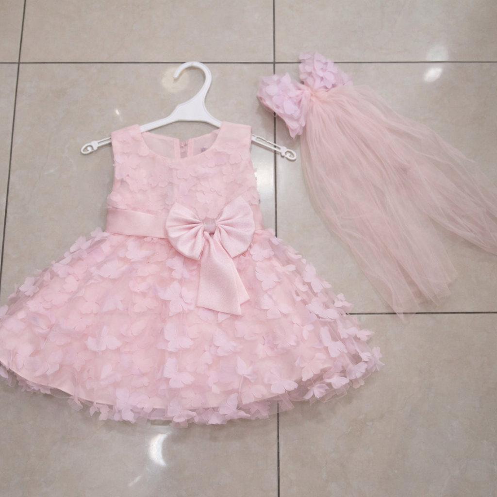Robe avec fleurs en relief nœud satiné et voile assorti