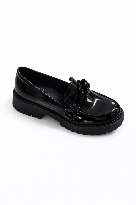 Mocassins noirs vernis à chaîne