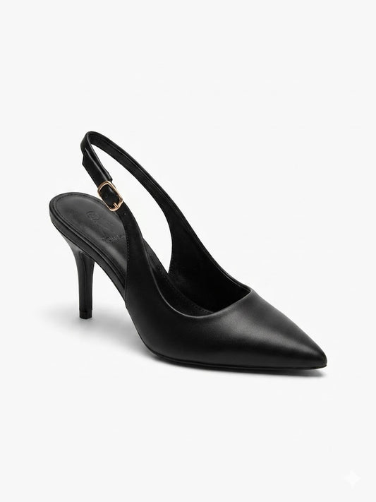 Escarpin slingback noir à bout pointu et talon aiguille fin avec bride de cheville dorée