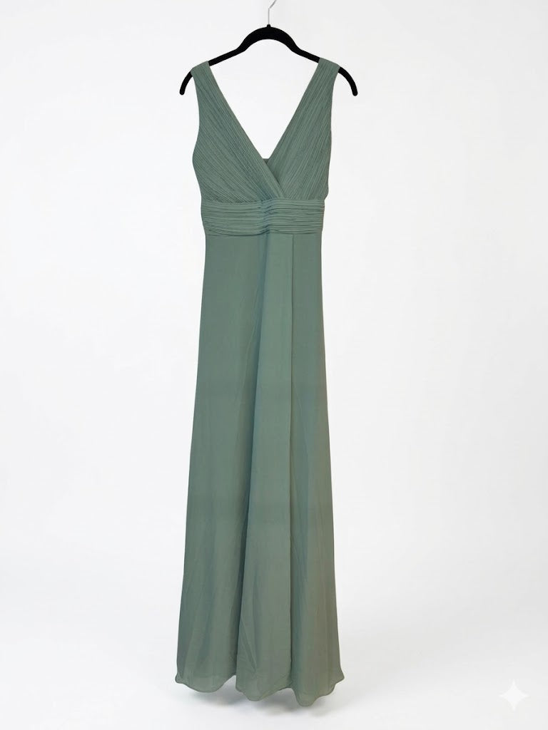Robe longue sans manches avec buste plissé et décolleté V croisé