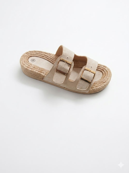 Mule plate espadrille suédée double bride boucles dorées & semelle corde tressée