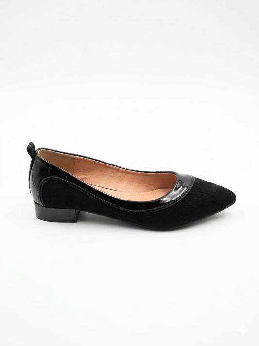 Ballerine Noire Bimatière – Avant Daim & Bordure Vernis Brillant & Bout Pointu Talon Bas