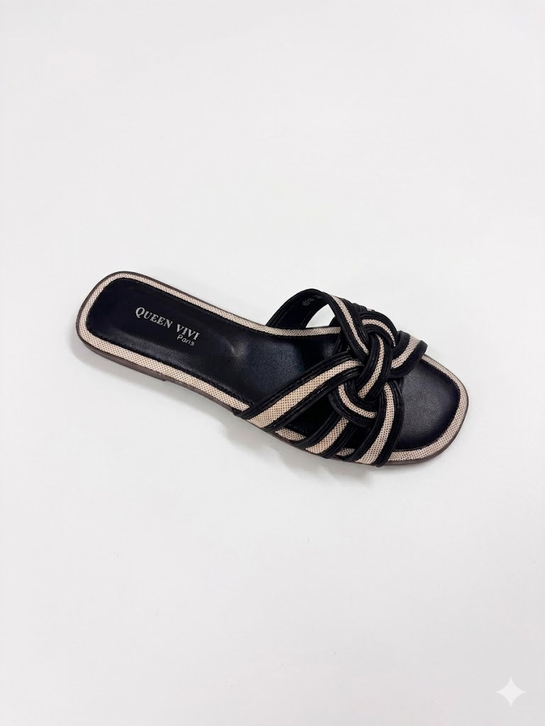 Mule plate noire et beige avec brides entrelacées bicolores