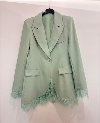 Blazer oversize monobouton bordure dentelle bas & manches
