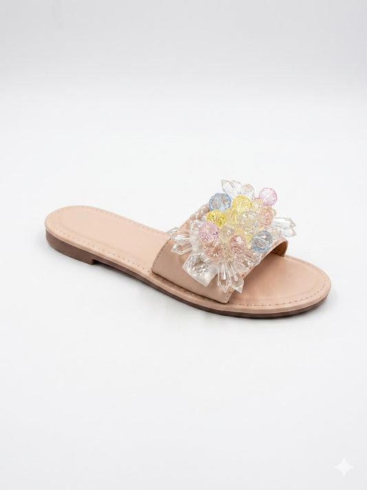 Mules plates à bride ornée de cristaux multicolores facettés
