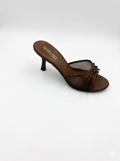 Mules à talon kitten en mesh transparent et nœud bout ouvert