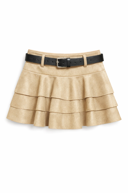 Jupe short évasée à volants en suédine avec ceinture