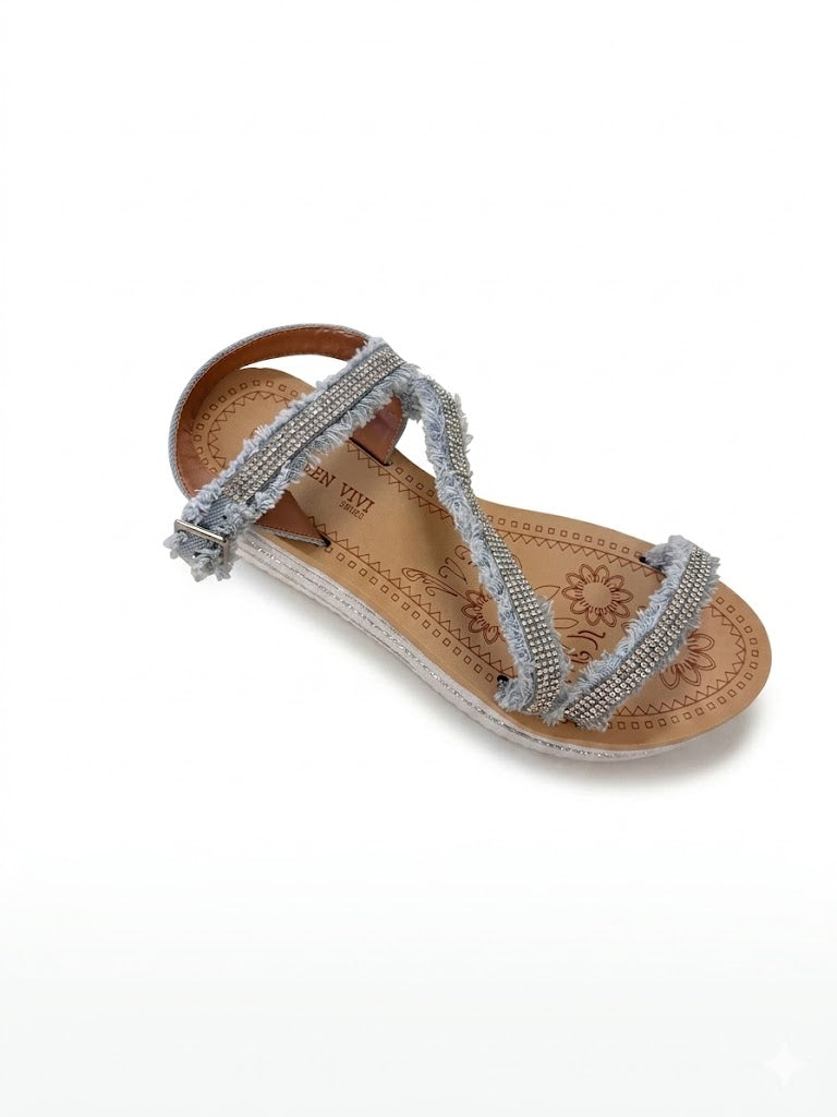Sandale à brides croisées en denim bordées de micro-strass argentés et bride de cheville à boucle semelle gravée florale