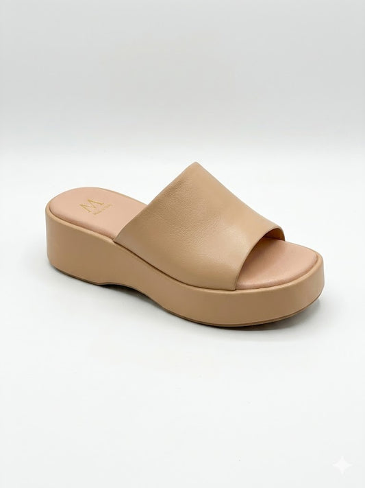 Mules compensées beiges lisse large bride et semelle plateforme
