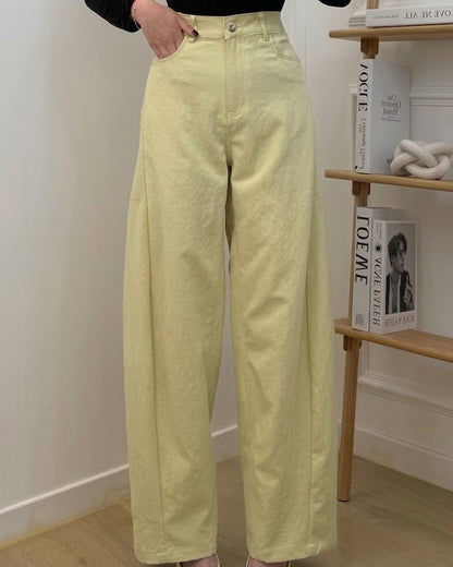 Pantalon wide-leg taille haute coupe droite & bouton argenté