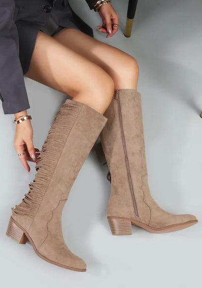 Bottes hautes en suédine à fronces arrière et talon bloc