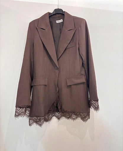 Blazer oversize monobouton bordure dentelle bas & manches