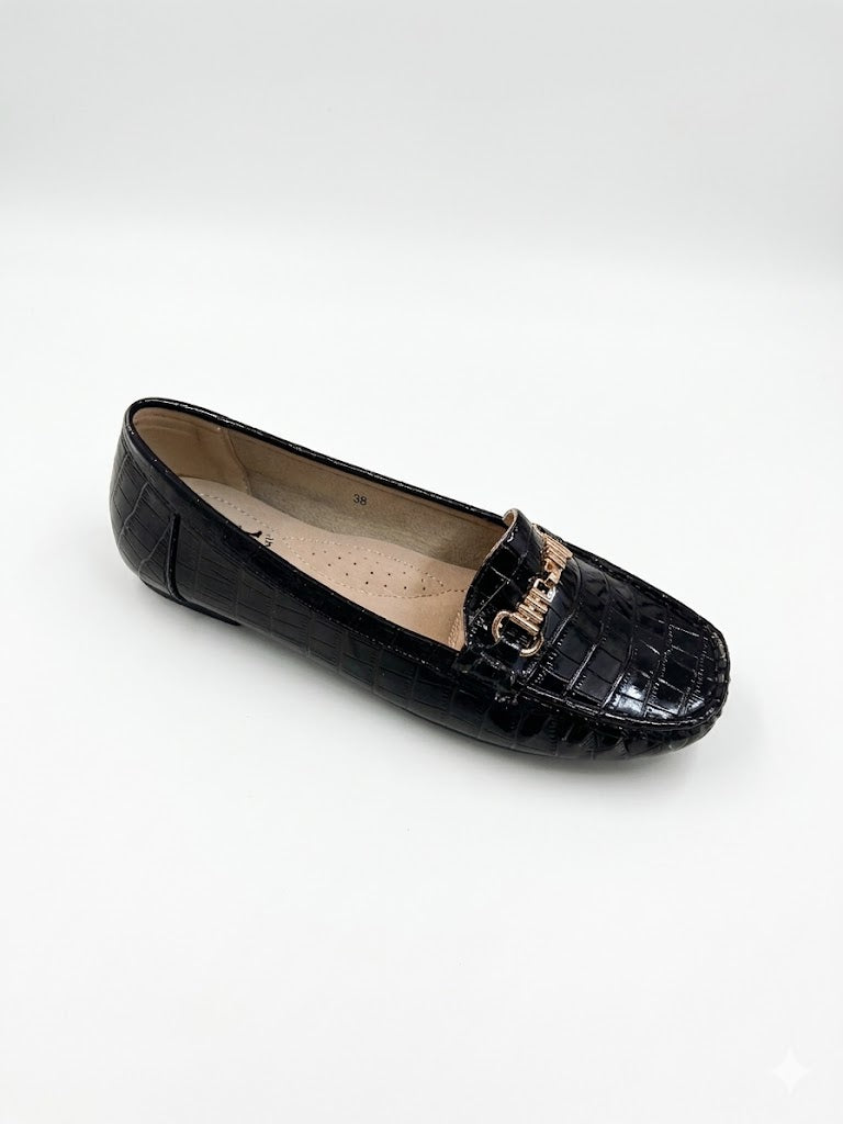 Mocassin plat imprimé crocodile avec détail doré