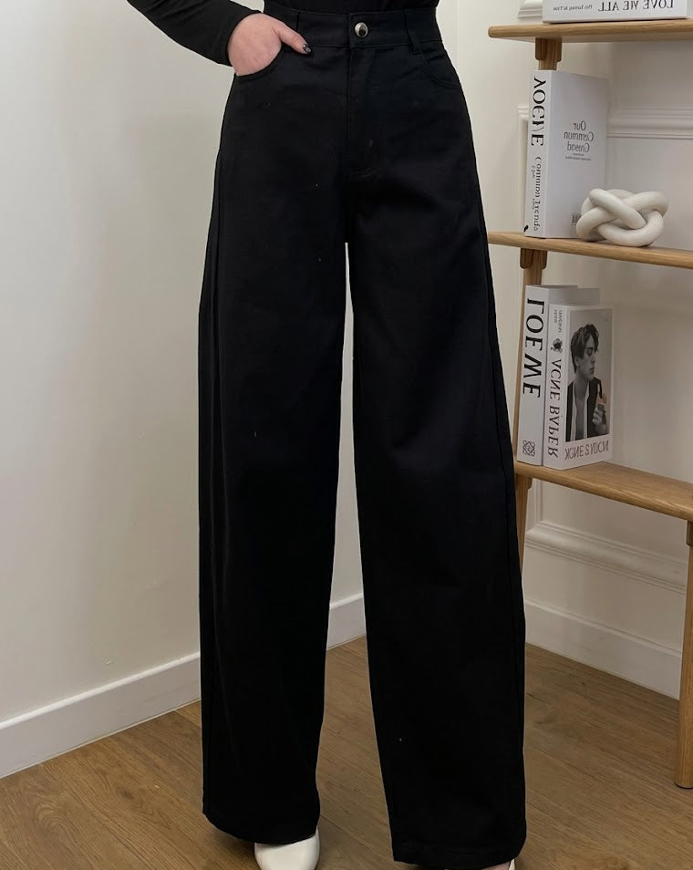 Pantalon wide-leg taille haute coupe droite & bouton argenté