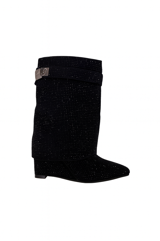 Bottes noires brillantes à cristaux & bride métallique