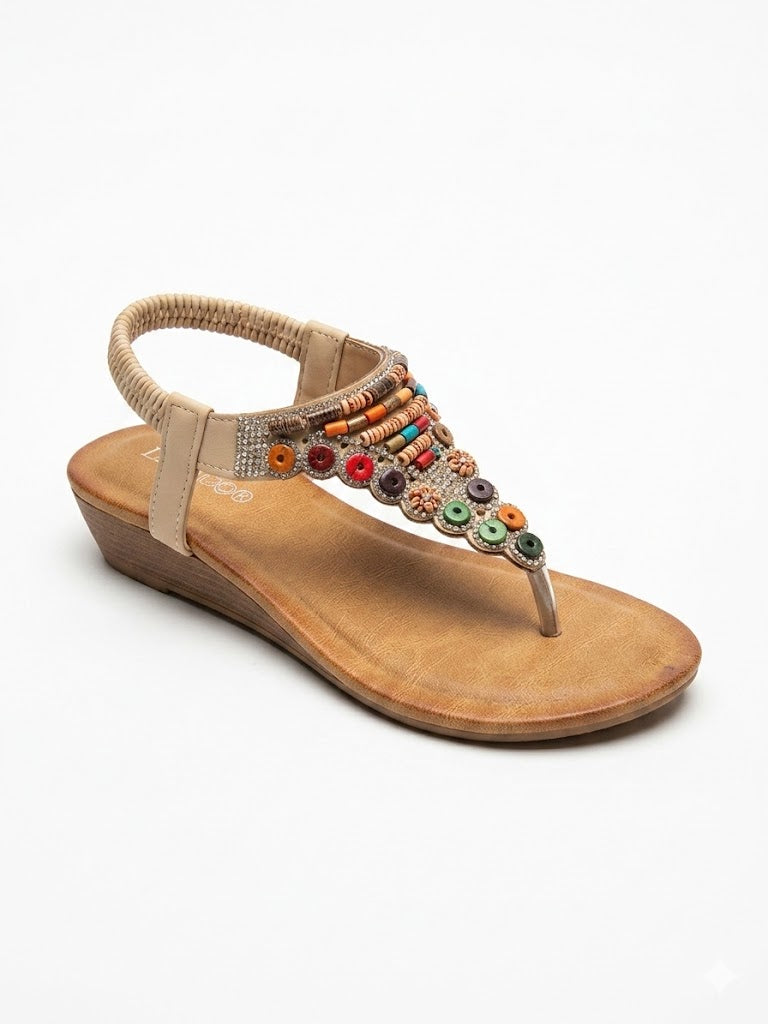 Sandales plates entre-doigts à bride élastique ornées de perles bois multicolores et strass