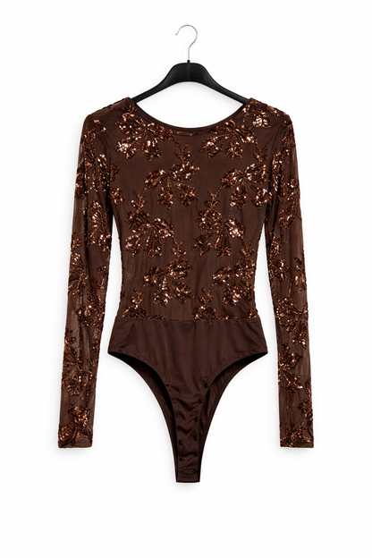 Body en tulle à sequins décolleté & manches longues