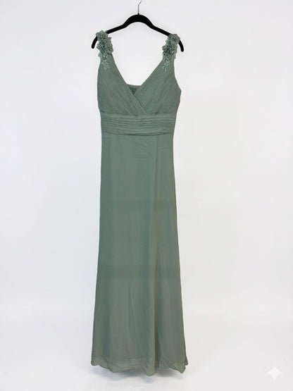 Robe longue avec bretelles ornées de fleurs en tissu et strass buste plissé