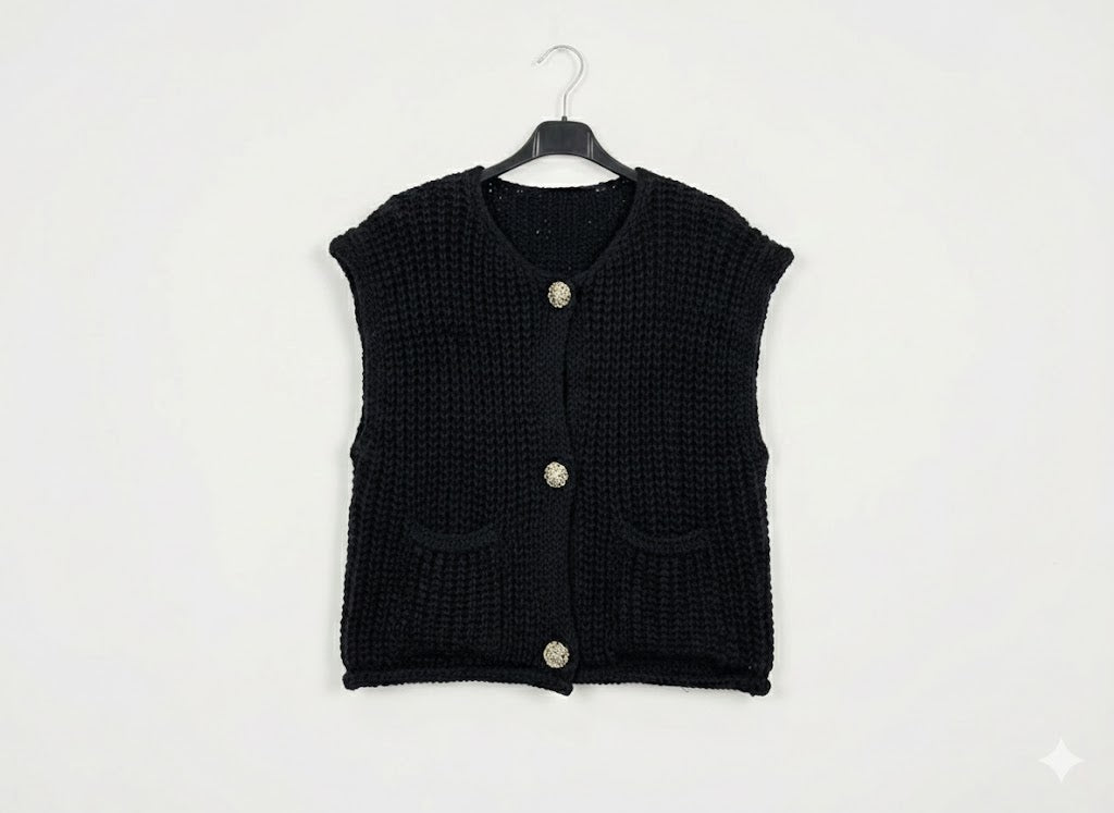 Gilet sans manches en maille texturée à boutons bijoux