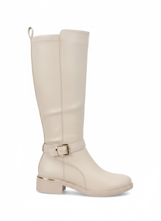 Bottes hautes crème à boucle décorative et talon bas